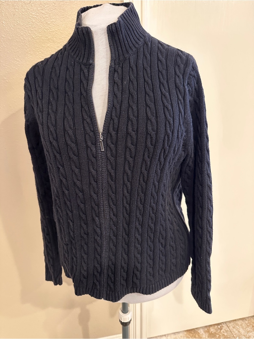 L.L. Bean Navy Cable-Knit Zip Mock Neck Sweater